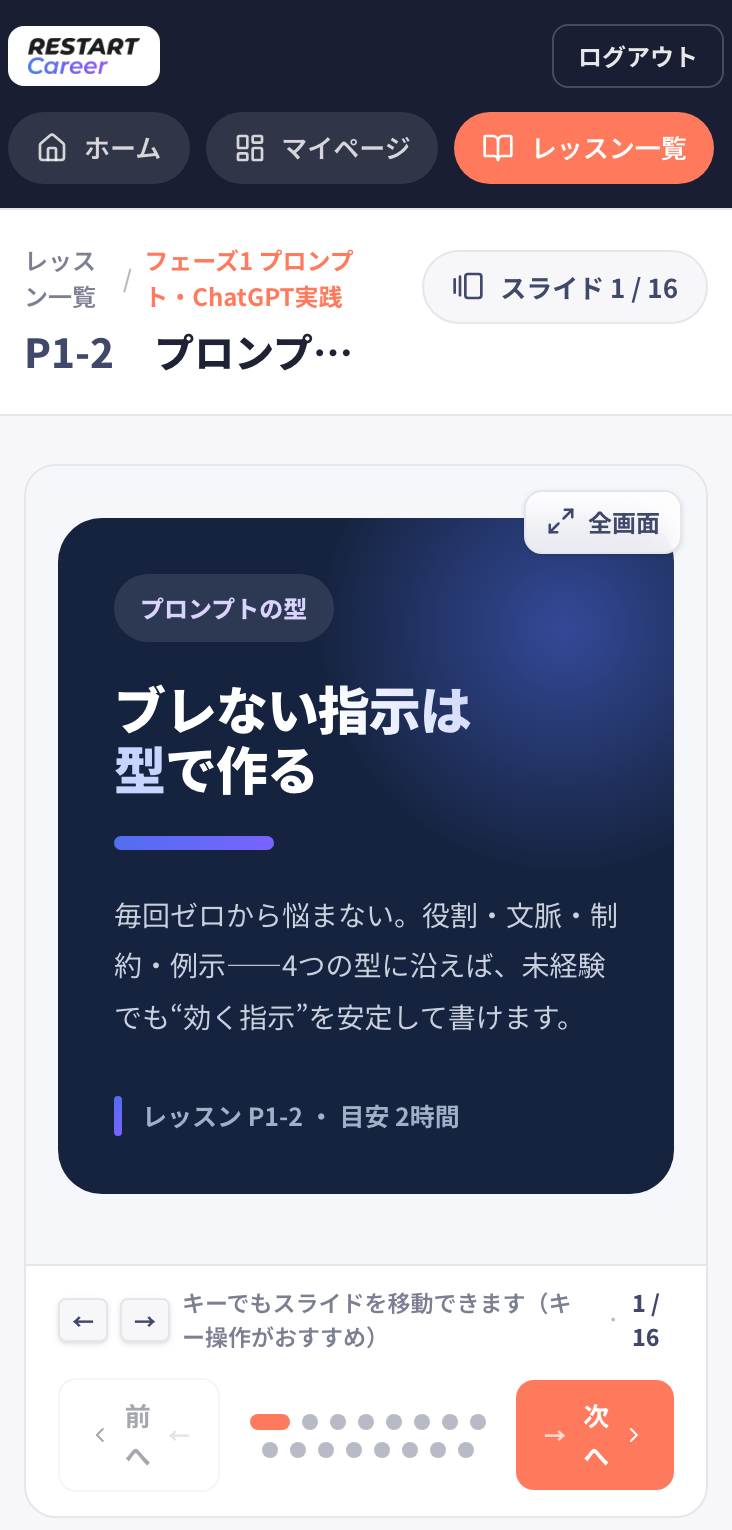 スマートフォンで表示したレッスン画面